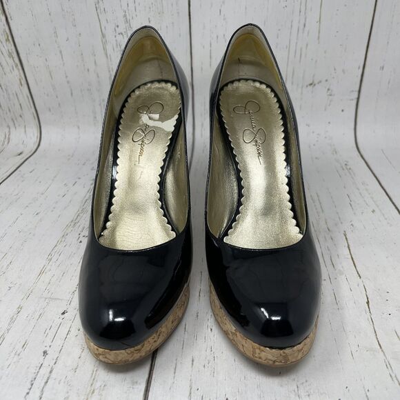 Jessica Simpson Leather Pumps Size 8.5 Black Cork High Heel Made In Brazil - Picture 5 of 12